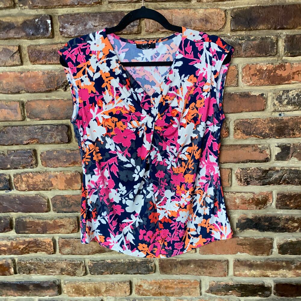 Alfani Floral V-Neck Cap Sleeve Blouse in Navy, Pink, Orange, White